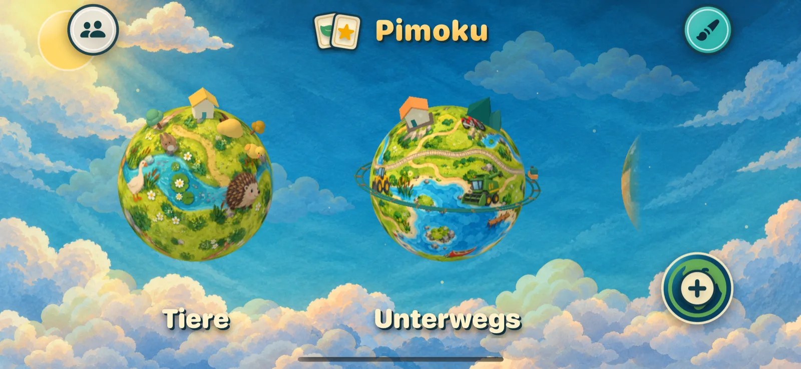 Pimoku Weltenmenü mit den Planeten Tiere und Unterwegs